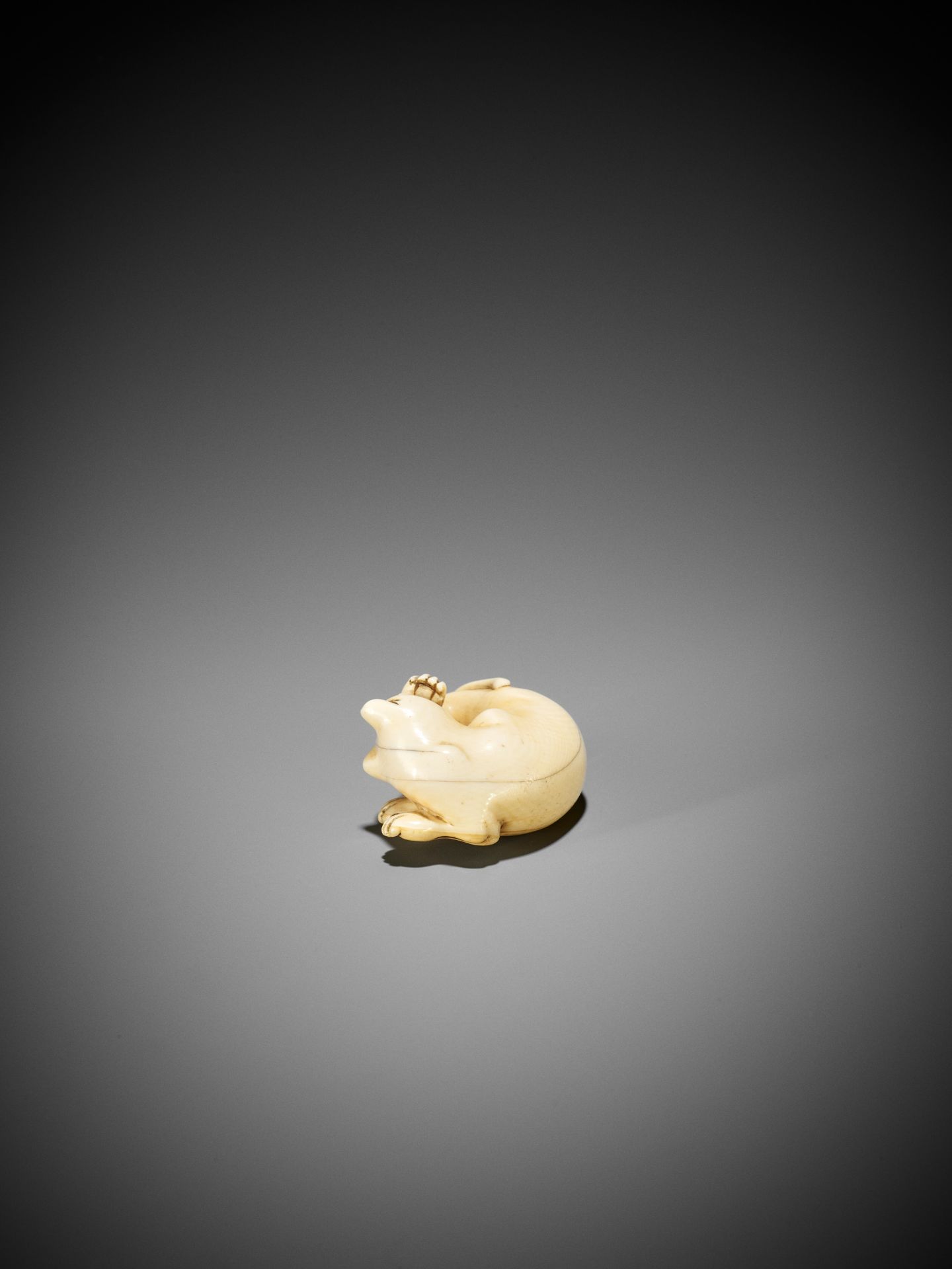 AN IVORY NETSUKE OF A CAT GROOMING ITSELF - Image 6 of 9
