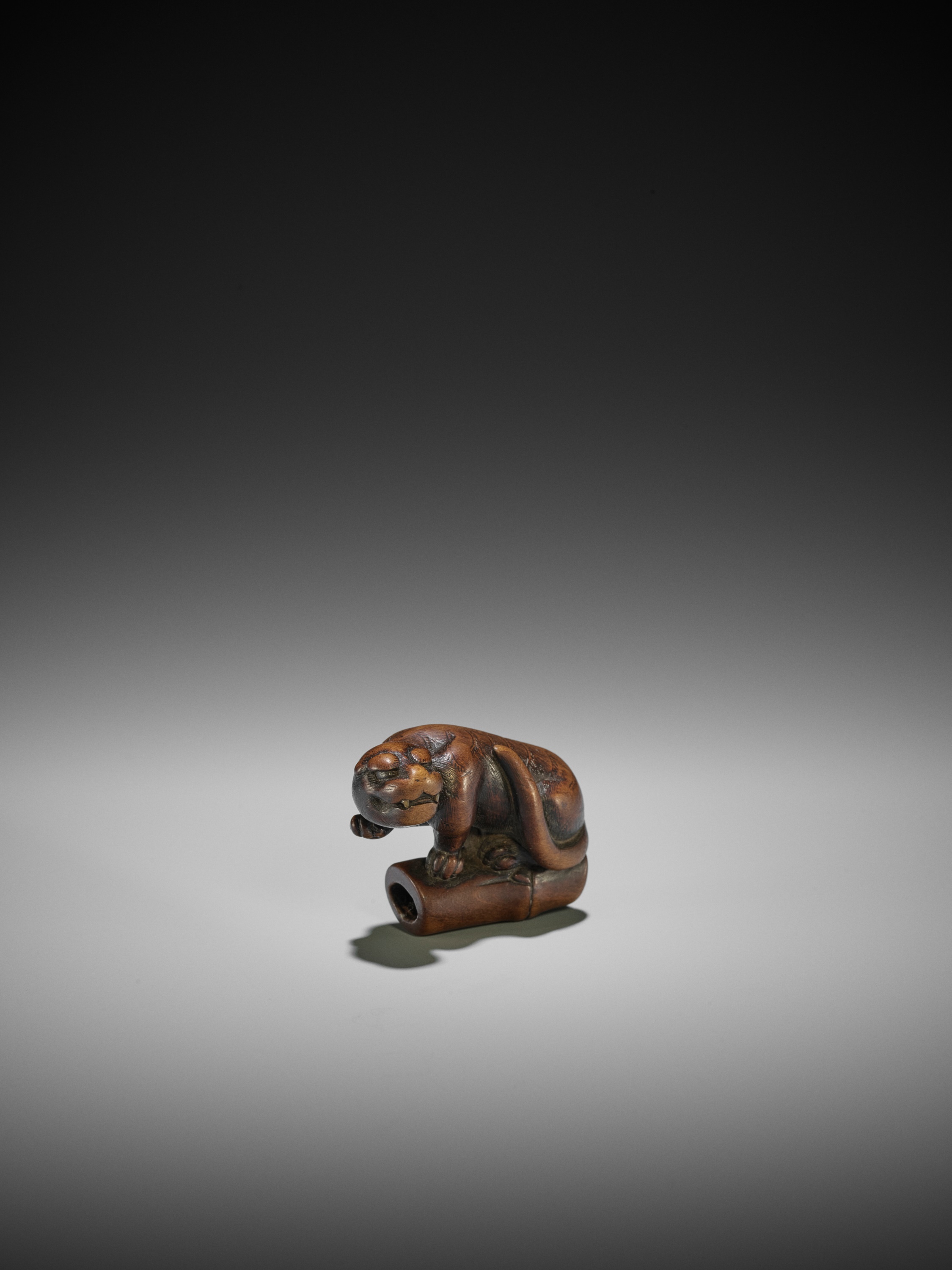 A FINE KYOTO SCHOOL WOOD NETSUKE OF A TIGER ON BAMBOO - Image 3 of 10