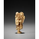 OKAKOTO: A RARE MARINE IVORY NETSUKE OF A DUTCHMAN WITH CHILD