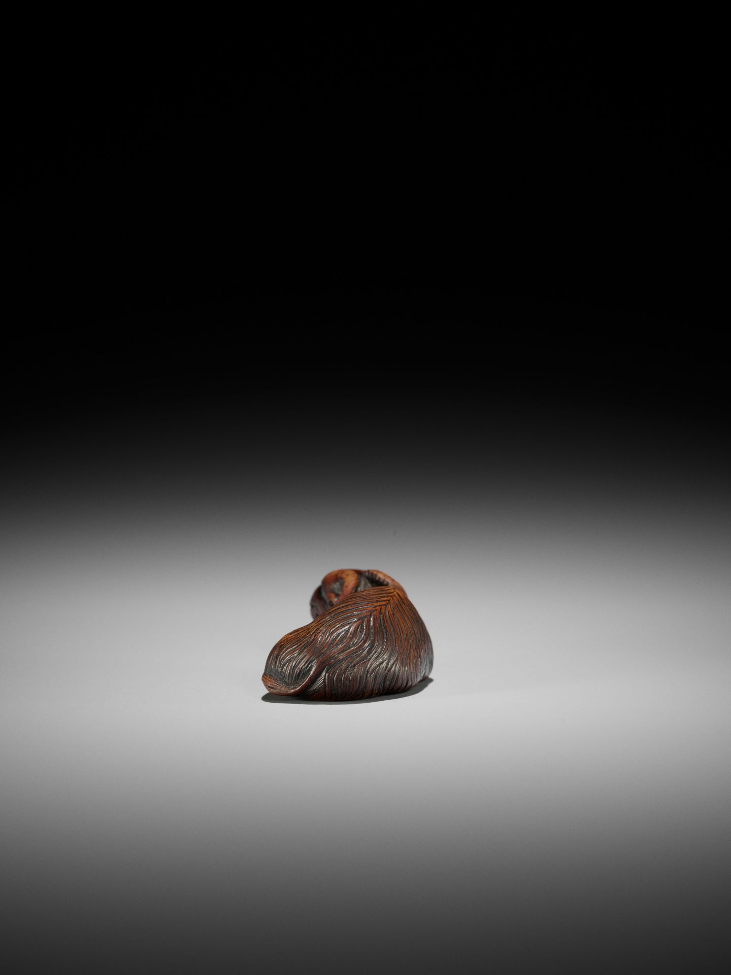 A FINE KYOTO SCHOOL WOOD NETSUKE OF A RECUMBENT GOAT - Image 10 of 16