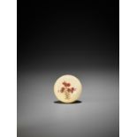 KANSHOSAI: A FINE LACQUERED IVORY MANJU NETSUKE WITH DIANTHUS FLOWERS