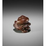 HOICHI: A FINE WOOD NETSUKE OF A SNAIL ON REISHI FUNGUS