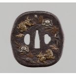 A VERY LARGE NARA SCHOOL TSUBA WITH SHISHI AND PEONIES, WITH NBTHK HOZON CERTIFICATE