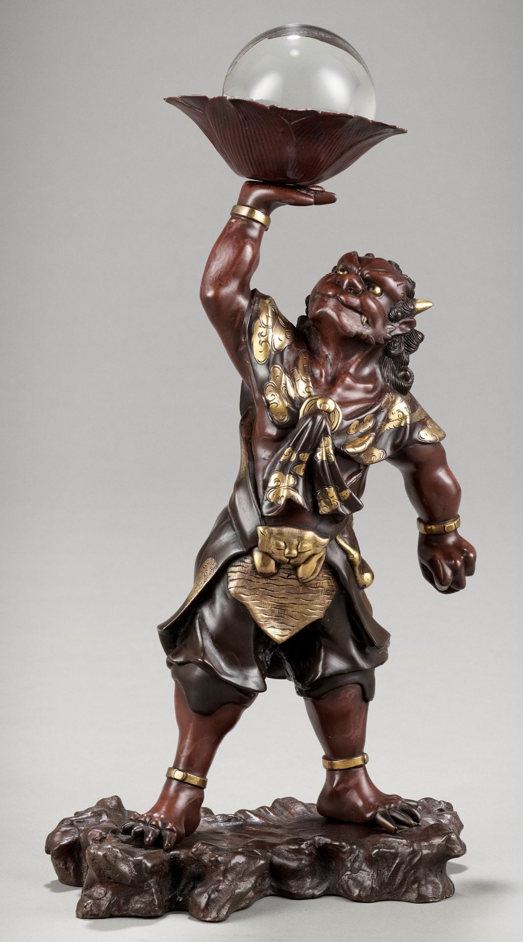 A LARGE PARCEL-GILT BRONZE MIYAO STYLE FIGURE OF AN ONI WITH ROCK CRYSTAL BALL - Image 2 of 12