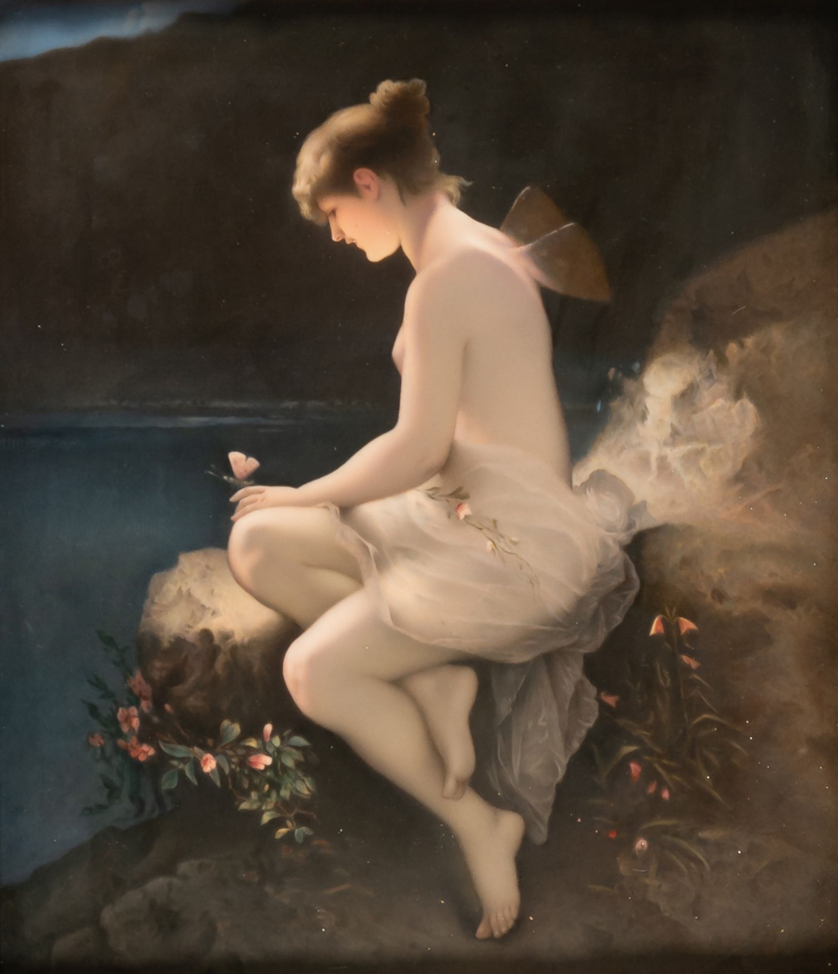 SEHR GROSSE PORZELLAN-MALEREI MIT DARSTELLUNG DER PSYCHE NACH W. KRAY (1828-1889)