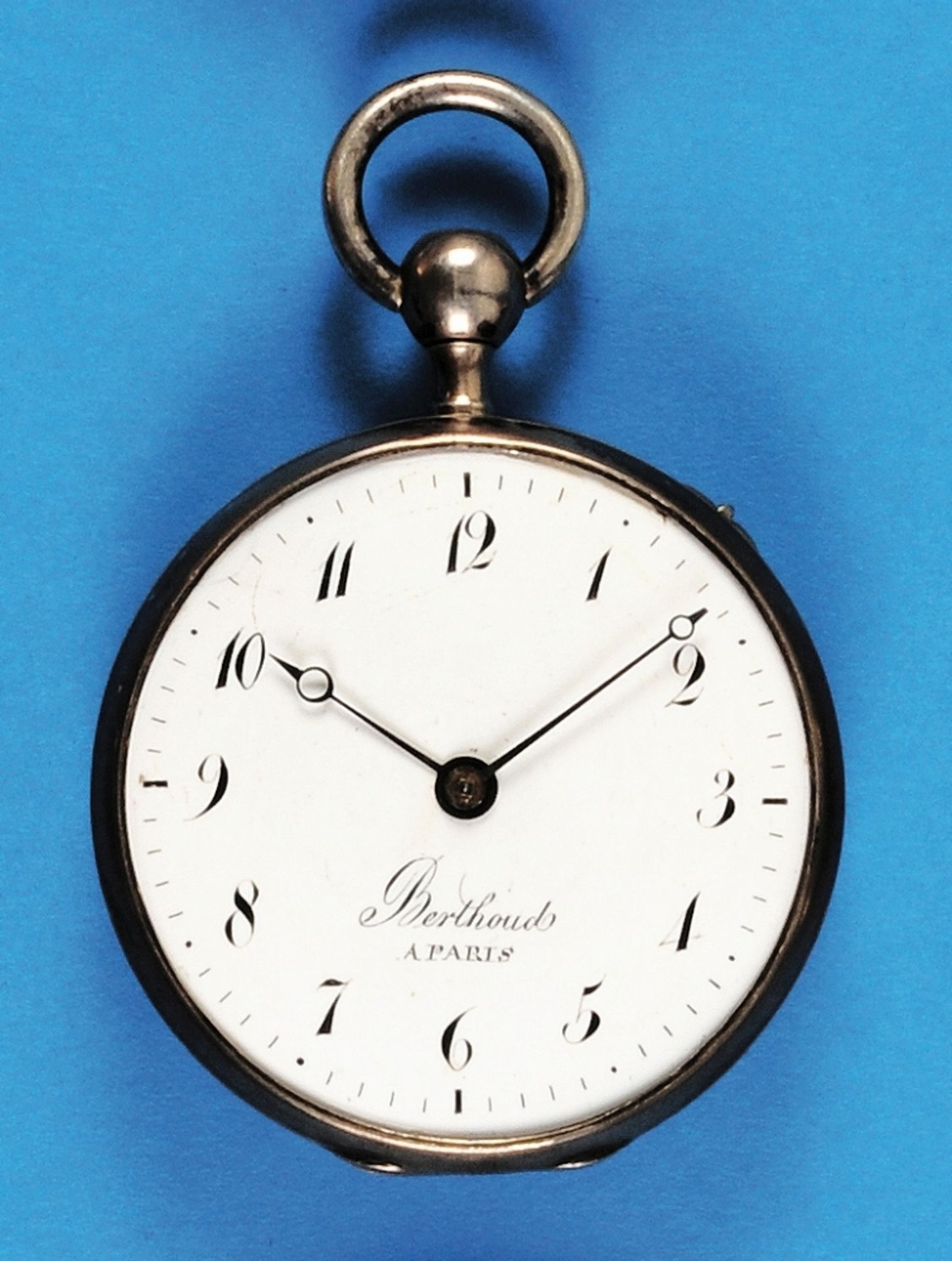 Big silver spindle pocket watch with 1/4-repetition, on dial and cuvette sign. Berthoud à Paris