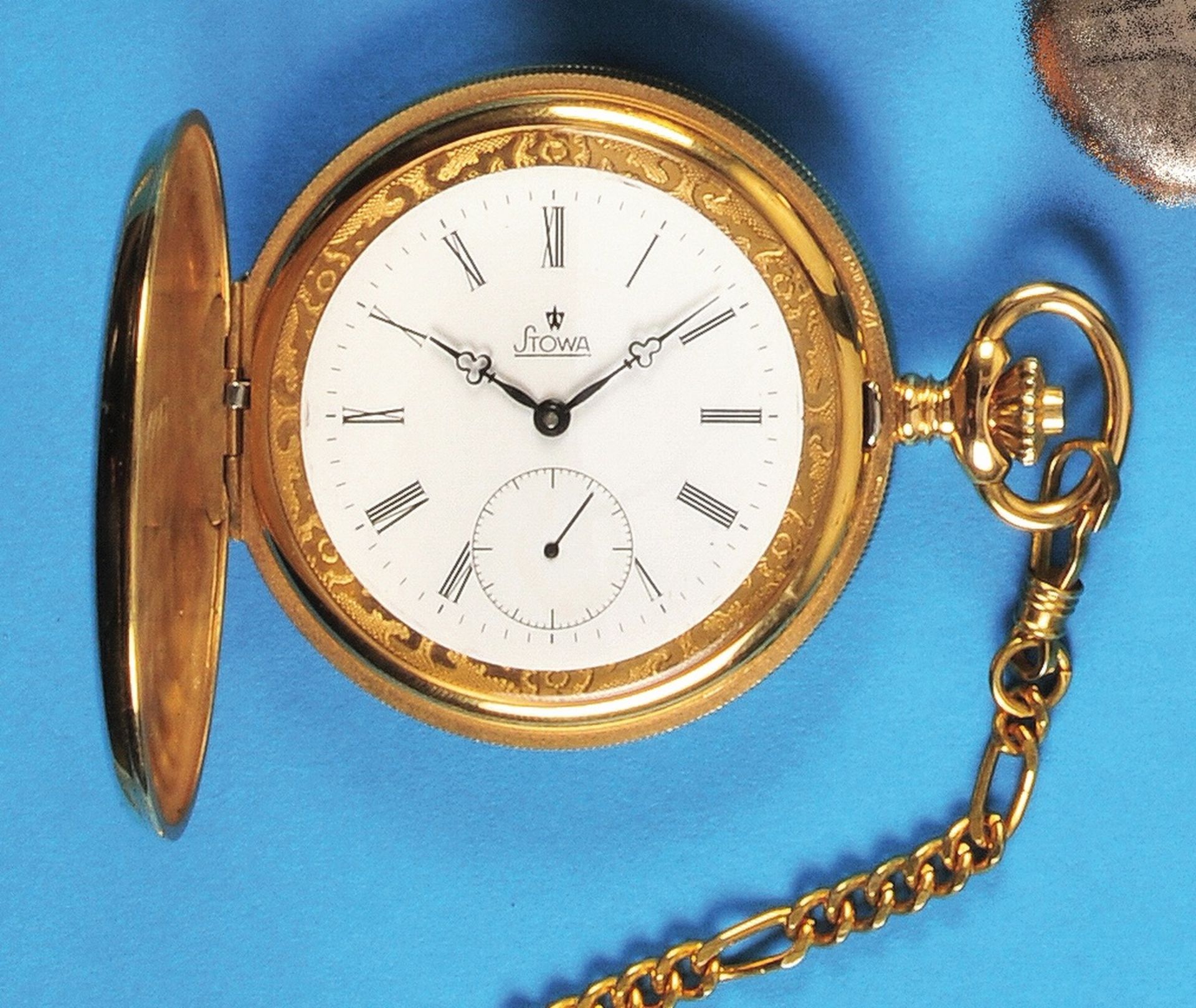 Gold-plated pocket watch with spring cover and gold-plated pocketwatch chain, Stowa