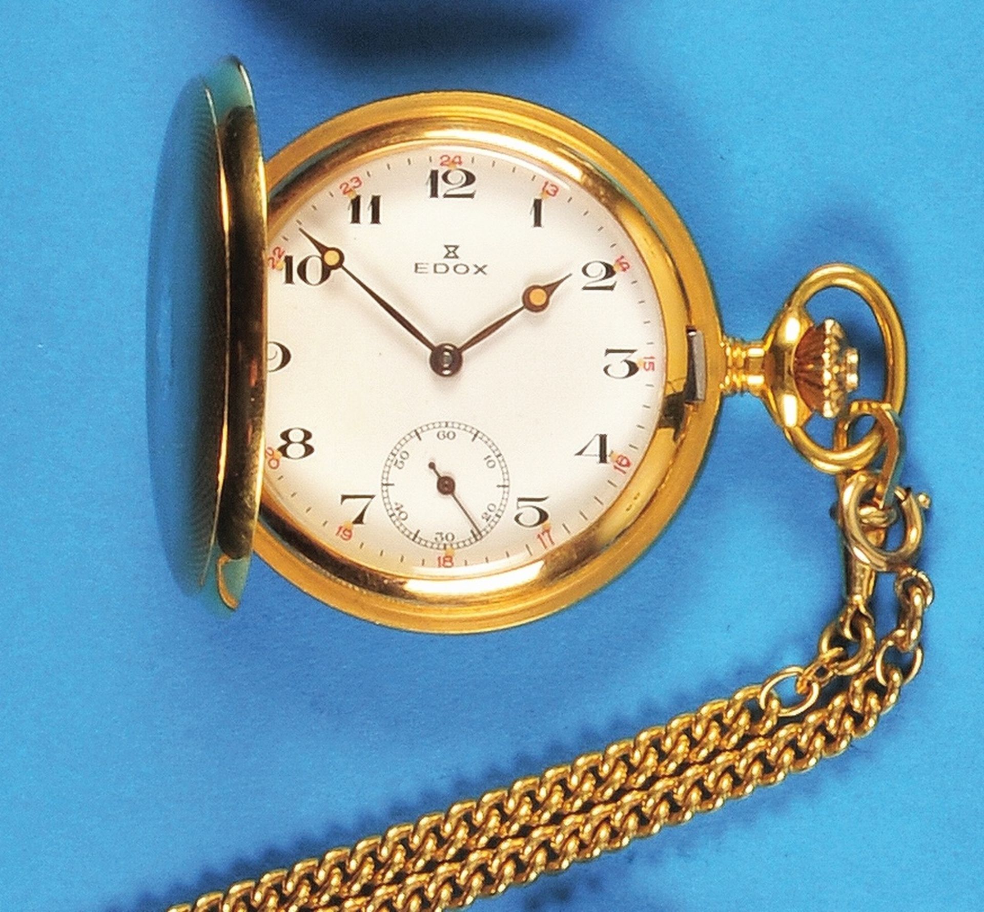 Gold-plated pocket watch with spring cover and gold-plated pocket watch chain, EDOX