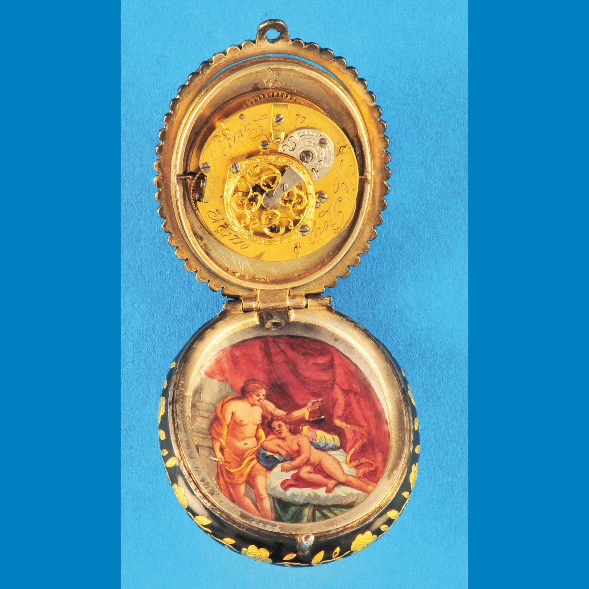 Oval silver/enamel necklace watch with spindle movement, Le Roy à Paris