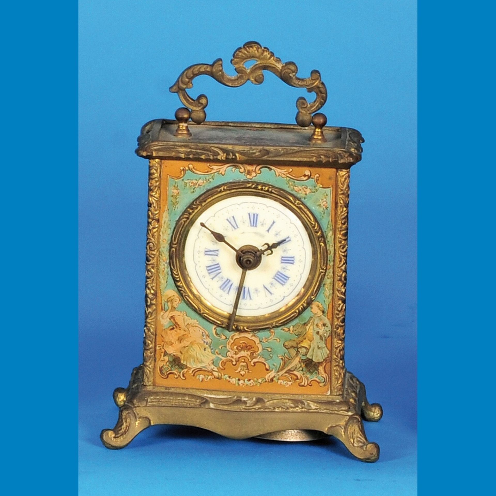 Painted french table clock with short pendulum alarm