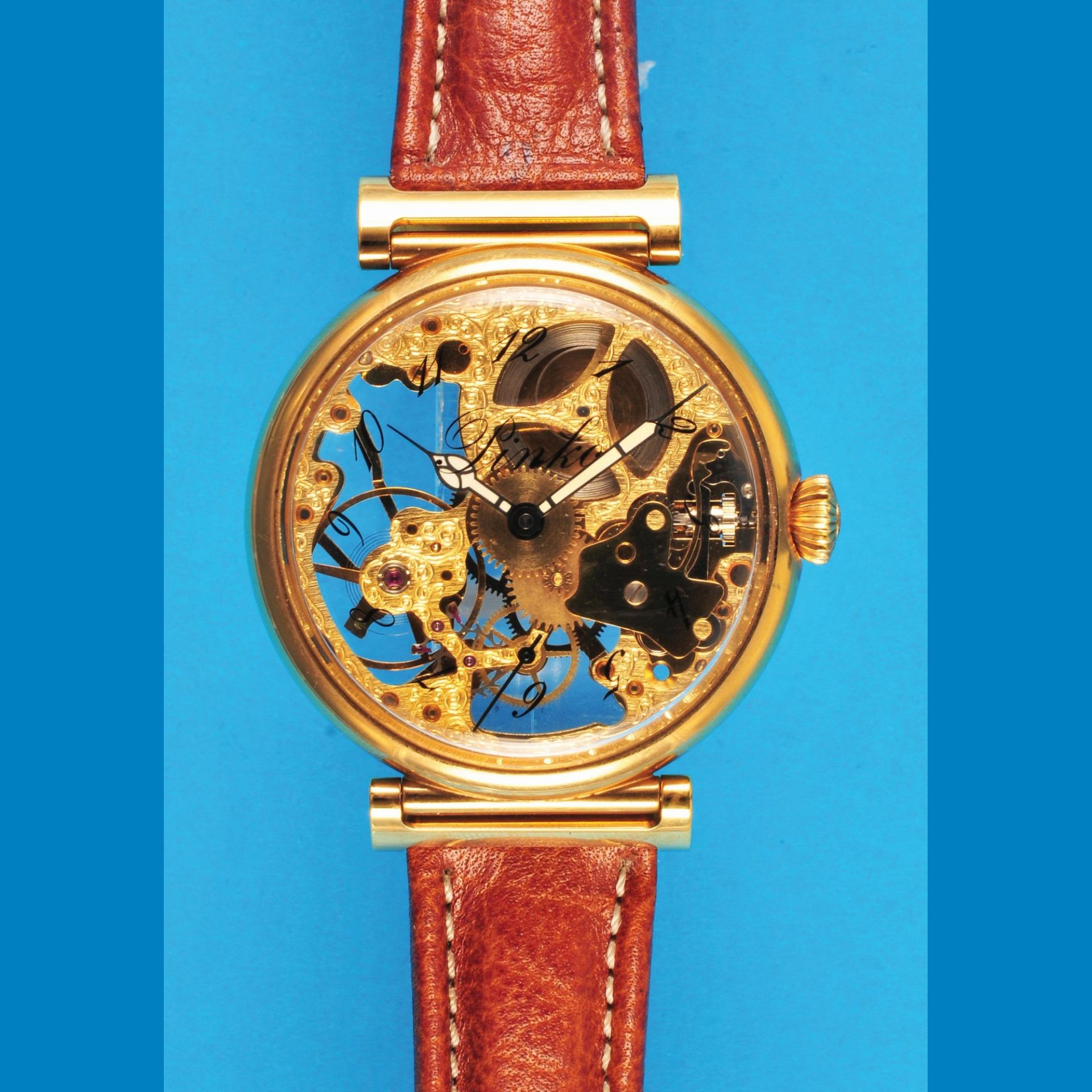 Big gold plated skeletonized wristwatch, Pinka la-Chau-de-Fonds