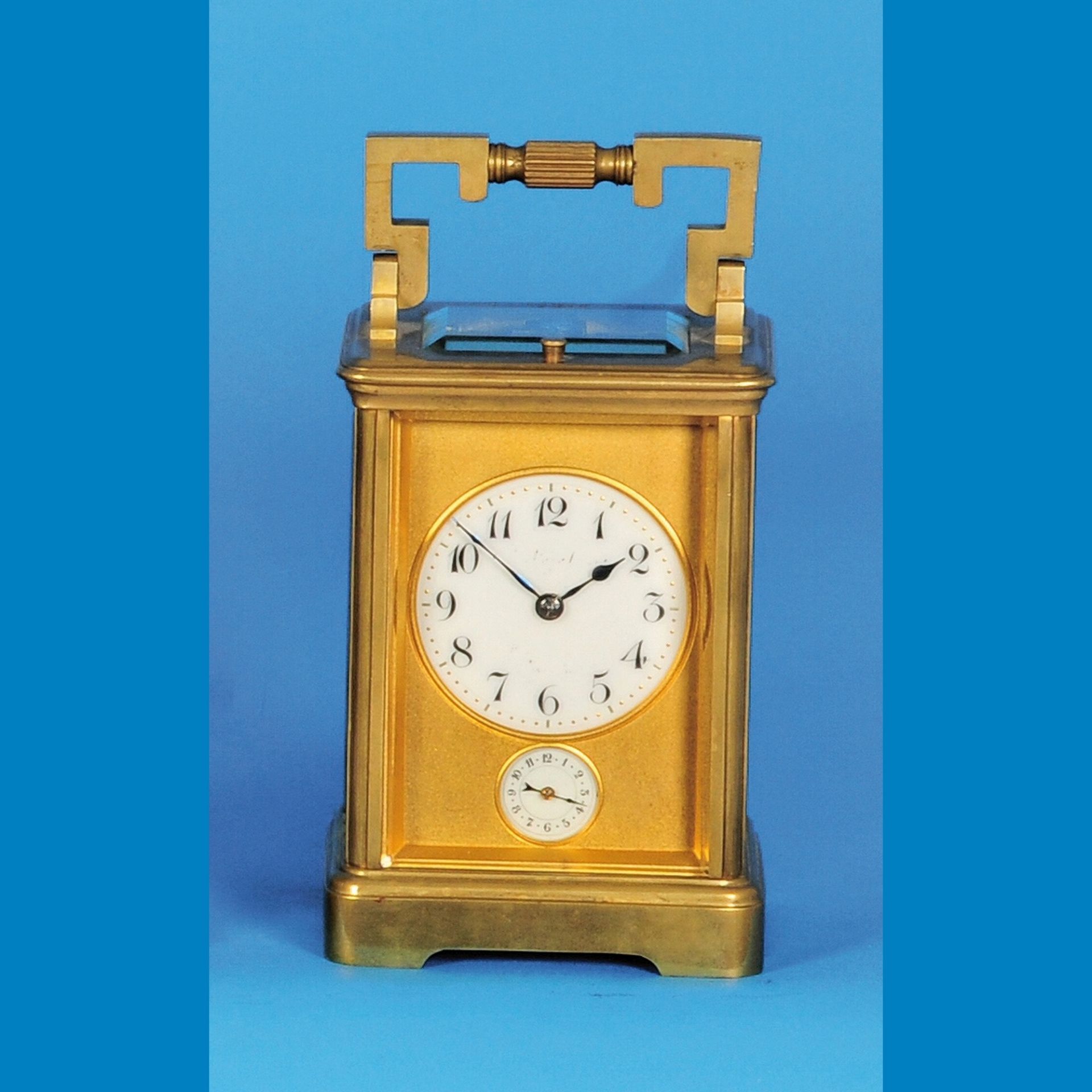 Travel clock with half-hour strike and alarm on gong