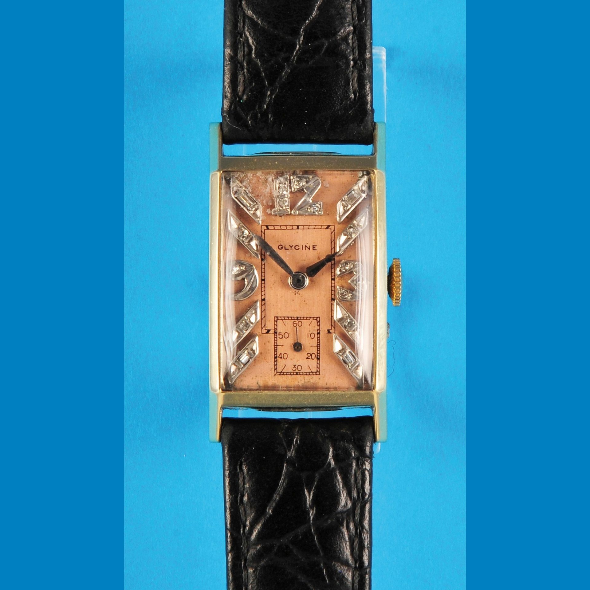 Glycine Watch Co., model 96, rectangular golden wristwatch