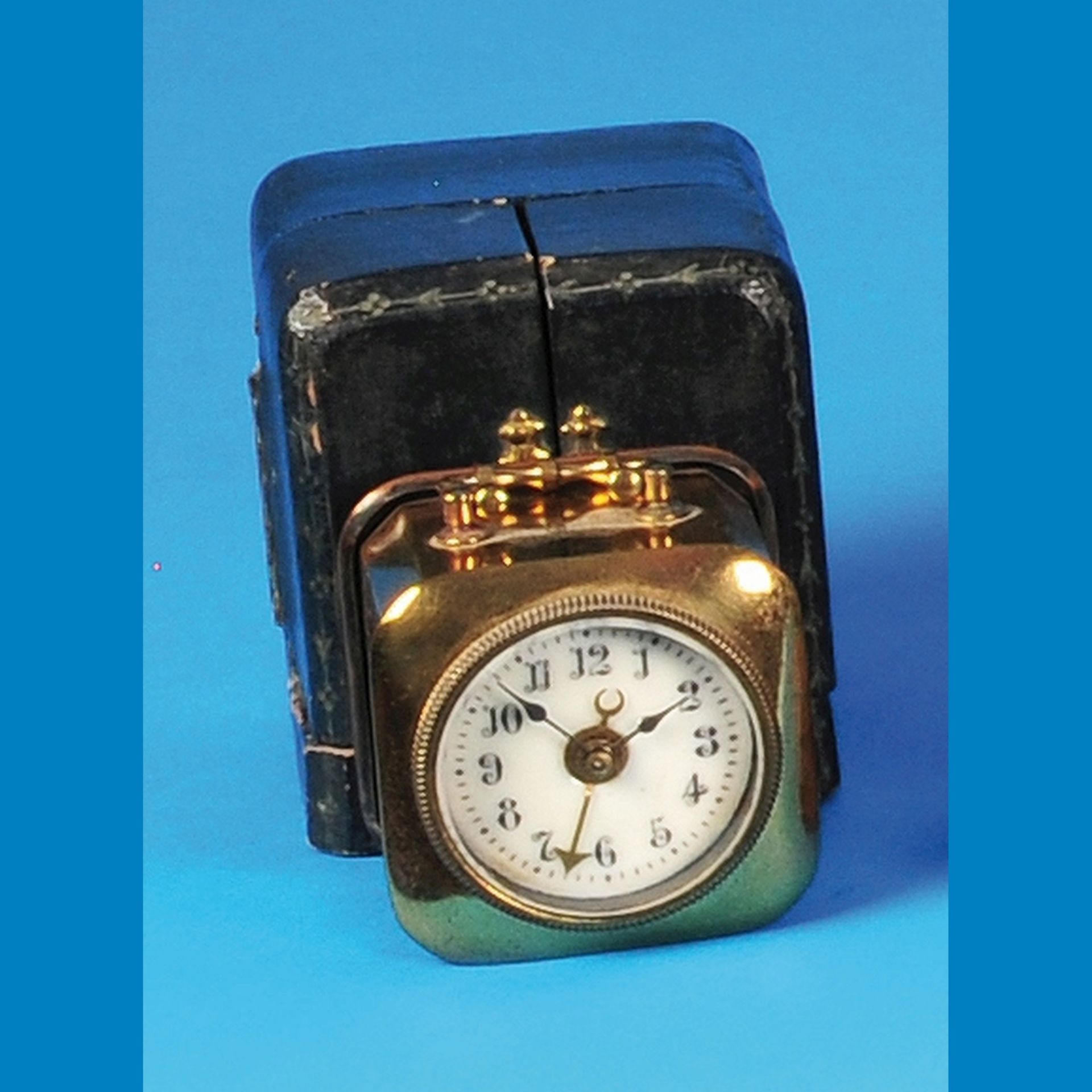 Small, square, French alarm clock in original case