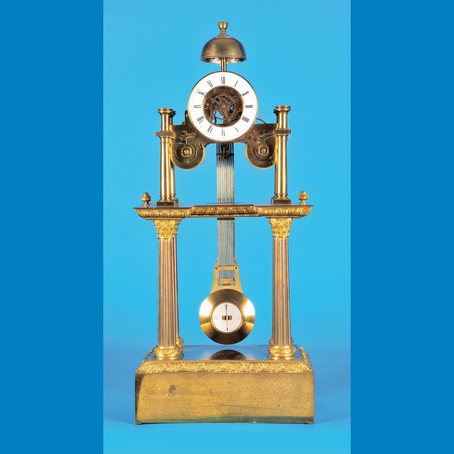 Skeletonised French table clock with half-hour strike on bell