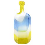 Bottle in Murano glass, hexagonal shape with a surface area in polychrome bands in shades of yellow,