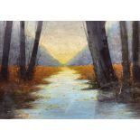 Oil painting on canvas depicting the river with trees at sunset. Signed on the lower right and dated