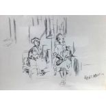 Charcoal drawing on paper depicting a family scene. Signed on the lower right Renza Bertoni. Mm 310x