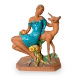 Zaccagnini, terracotta statue of Diana and deer, decorated in polychrome. Small Defects. 1940s. Cm 2