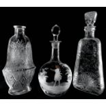 Group of 3 glass bottles and crystal, 20th century. Various sizes and shapes. adapted plugs.