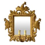 Mirror in gilded wood with two candles, eighteenth / nineteenth century. Sculpted and engraved with