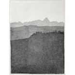 Etching in black and white depicting hilly and mountain landscape, Signed on the lower right T. Cira