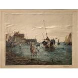 Colored Etching, Hand depicting characters and harbor with boats. Signed on the lower right G. Nalme