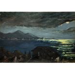 Oil paint on canvas depicting nocturnal landscape with houses, mountains and sea. Signed on the lowe