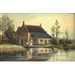 Oil painting on canvas depicting landscape houses on the lake. Painter of the twentieth century.Ille
