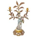 Brass Candlestick with porcelain Capodimonte figurine depicting lady with a basket of flowers, the t