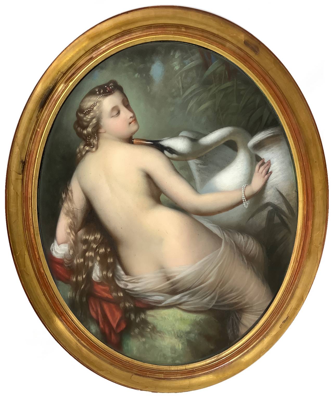 Oval Pastel on paper depicting Leda and the swan, nineteenth century. Cm 85x65. Signed on the bottom