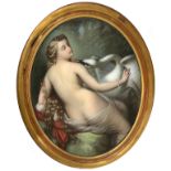 Oval Pastel on paper depicting Leda and the swan, nineteenth century. Cm 85x65. Signed on the bottom
