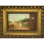 Oil painting on wood depicting rural road with drafts. XIX, 20th century. Cm 11x18. In gilt frame 19