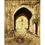 Oil paint on canvas depicting a country road with a pointed arch. signed and dated on the lower left