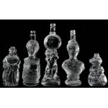 Group of 5 glass bottles and crystal, 20th century. Various sizes and shapes. adapted plugs.