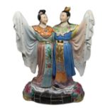 Chinese statue white body with polychrome decoration depicting two lovers dressed in traditional cos