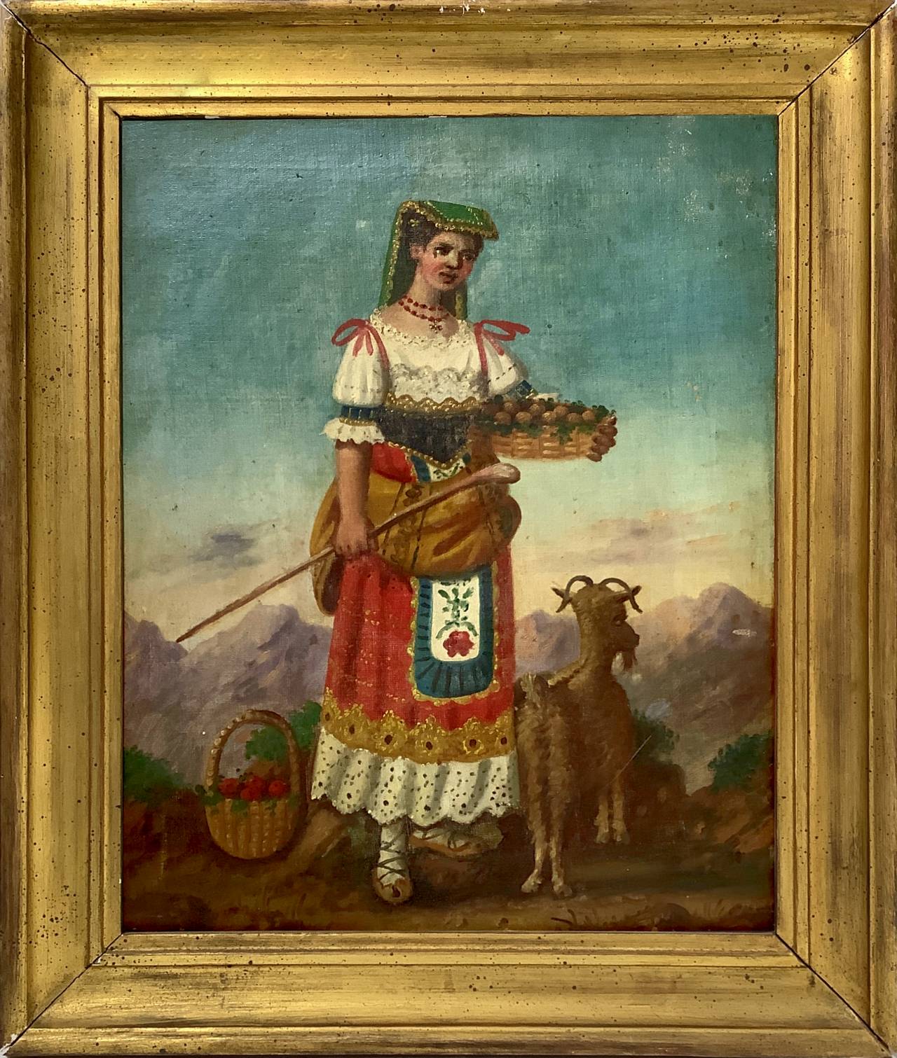 Oil painting on canvas depicting the female figure in folk costume. Nineteenth century. Cm 54x42. In