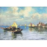 Oil painting on canvas depicting "the Venetian navy." Signed on the lower right A.C. Bracchi, painte