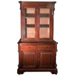 Sideboard in mahogany. Sicily, XIX century. Double body. Upper part with glass doors. Bottom two dra