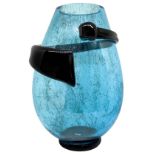 Vase blue Murano glass with black stripe signed Santi Murano