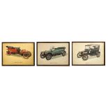 Three prints depicting vintage machines. Cm 27x37. In wooden frame walnut color.