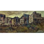 Oil paint on panel depicting landscape with houses, Nino Raciti (Catania, 1939). Cm 31x61,5