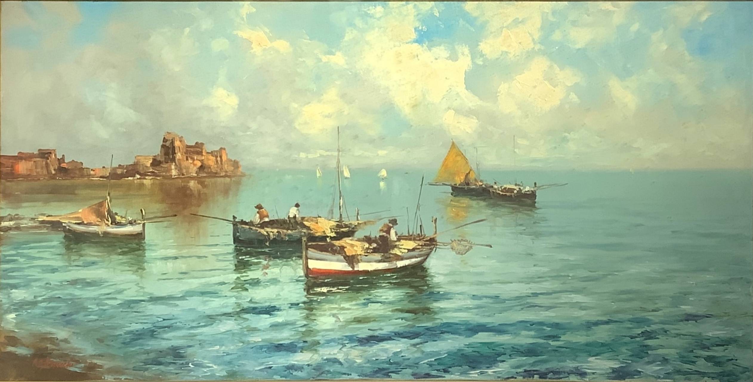 Oil painting on canvas depicting Castel dell 'Ovo. Signed on the lower left A. C. Bracchi, painter a