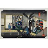 Nishiki-polychrome wood Etching and frame depicting servants at an inn in the town of Akasaka (stati