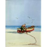Gouache on paper depicting fisherman with boat on the seashore, cm33,5x23,5 framed 54x44 cm, Signed