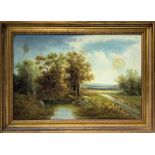 Oil painting on canvas depicting river landscape with characters. Cm 52x79,5. In 64x91 frame.