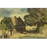 Oil painting on panel depicting landscape with house and oak. With no frame. Cm 39,5x61