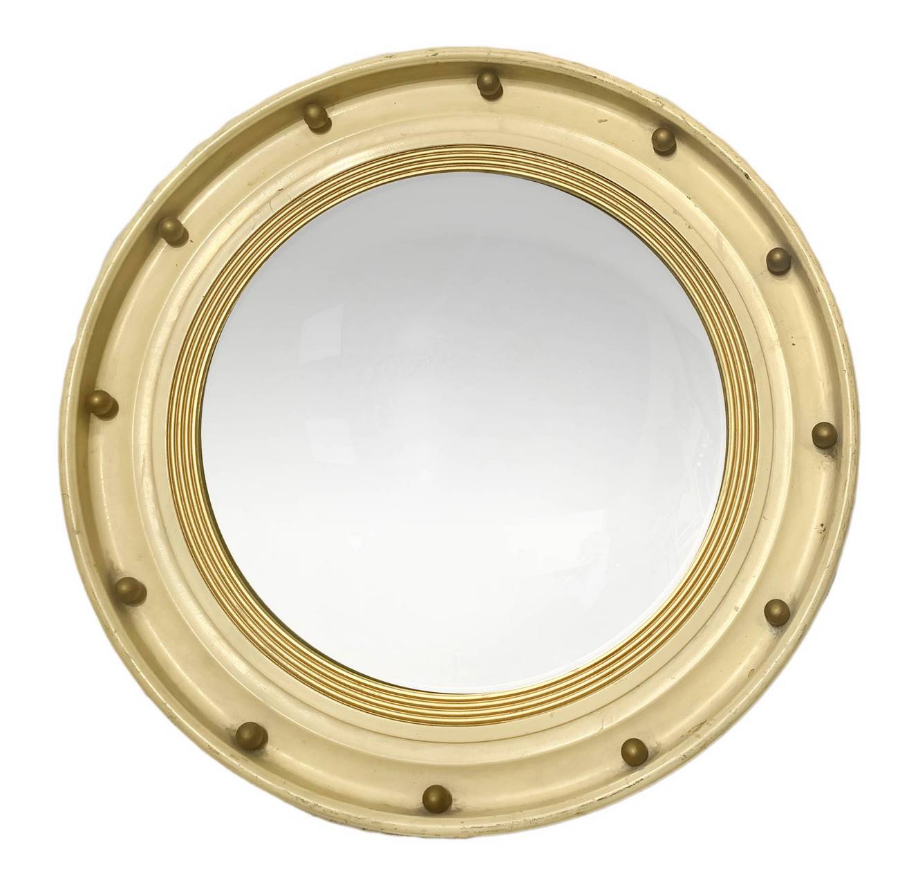 Wooden Mirror circular form in lacquer ivory tones. golden details and convex mirror, in the style o