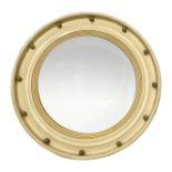 Wooden Mirror circular form in lacquer ivory tones. golden details and convex mirror, in the style o