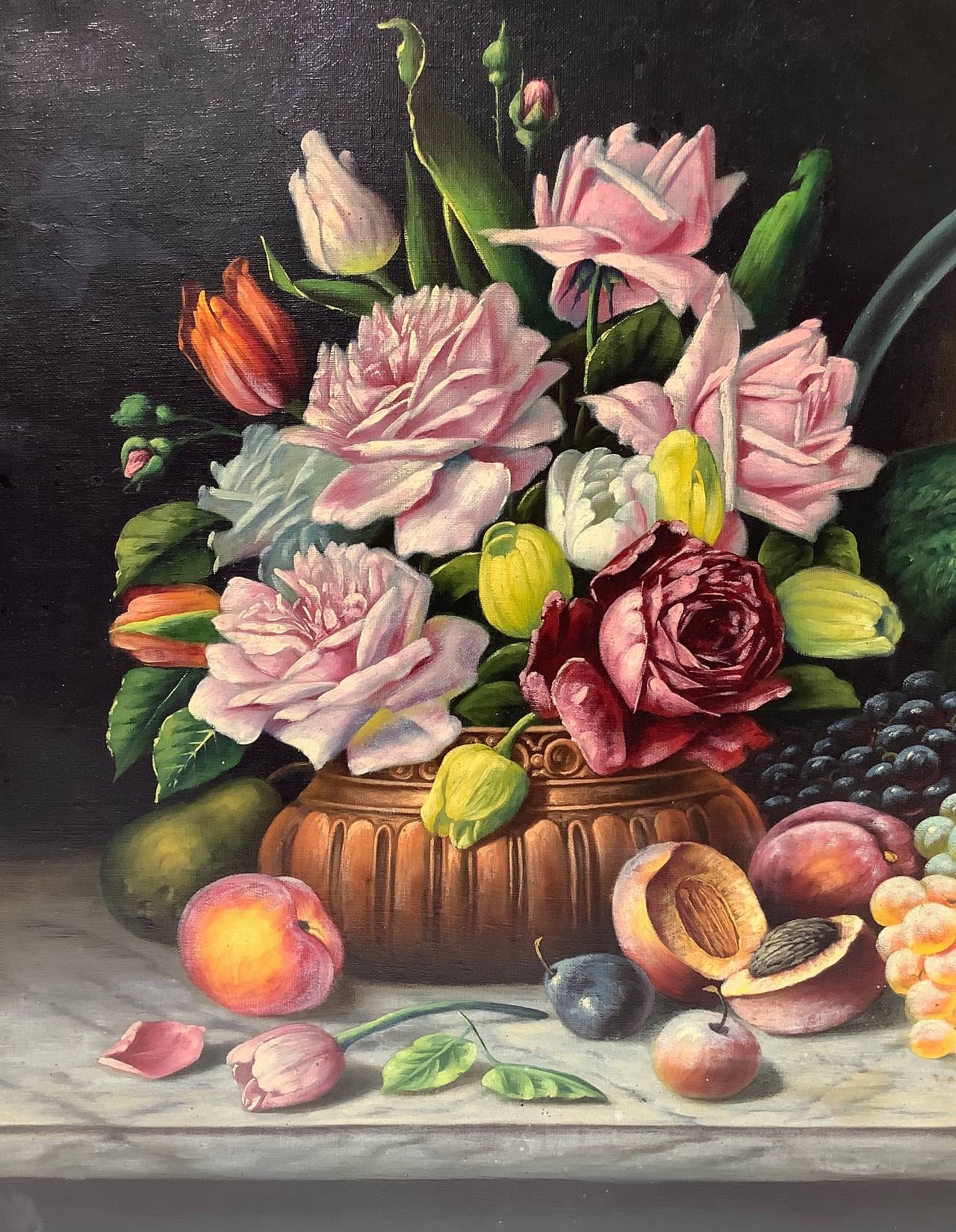 Oil painting on canvas depicting still life of flowers and fruit, late nineteenth century. - Image 3 of 5